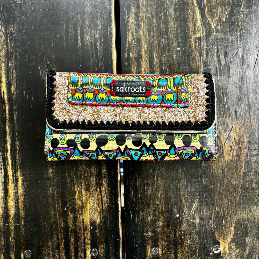 Sakroots Boho Print Large Flap Wallet Glitter Accent Snap Closure
